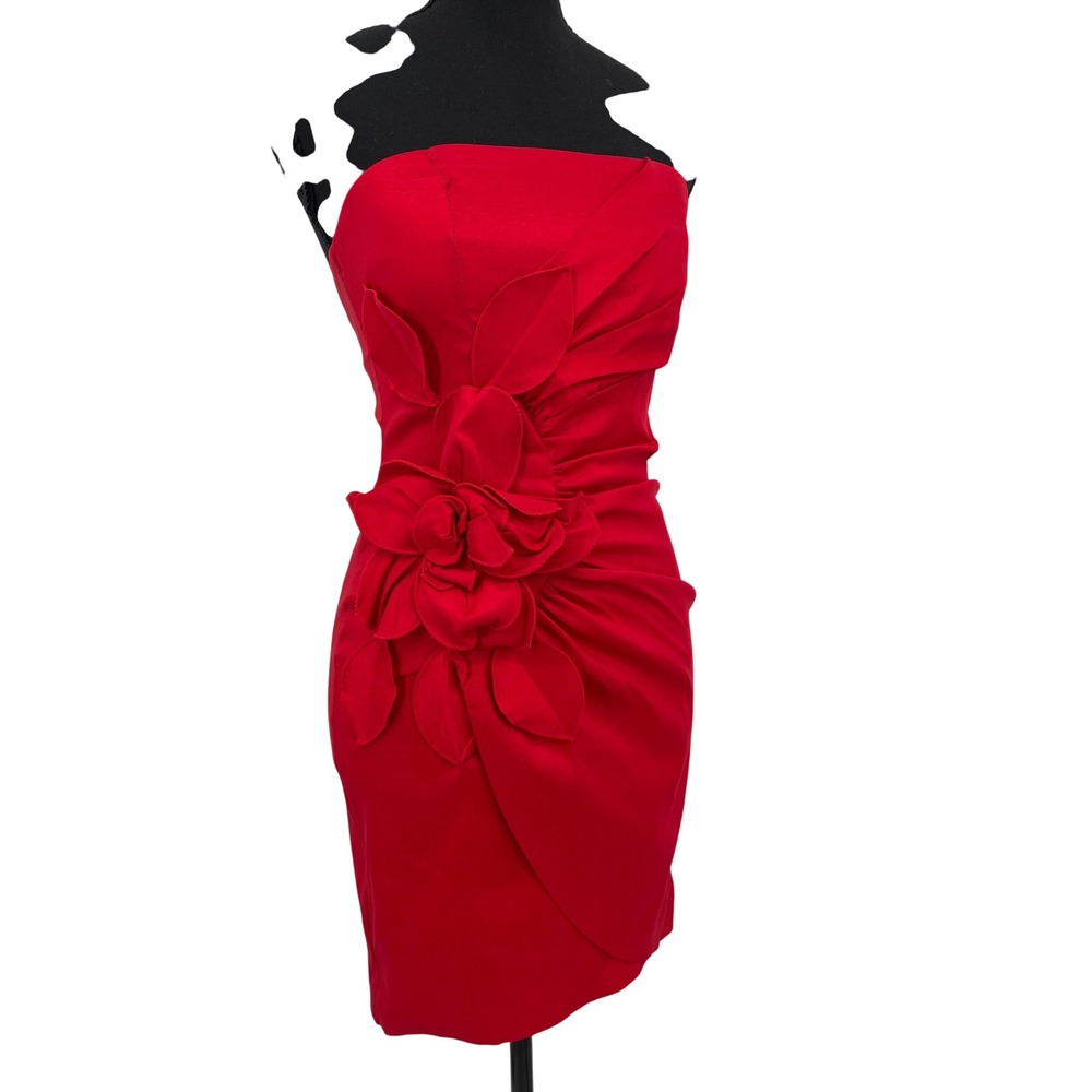 VTG Cache Dress Womens 4 Red Glam Strapless Mini 3D Floral Rosette Cocktail Y2K